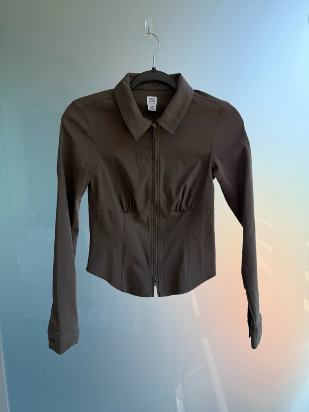 BDG Brown Zip-Front Button Down Shirt